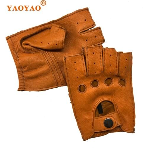 Men Winter Genuine Leather Fingerless Thin Short Gloves Male Stylish Fitness Locomotive Luvas Black/Yellow/Brown Suede Eldiven