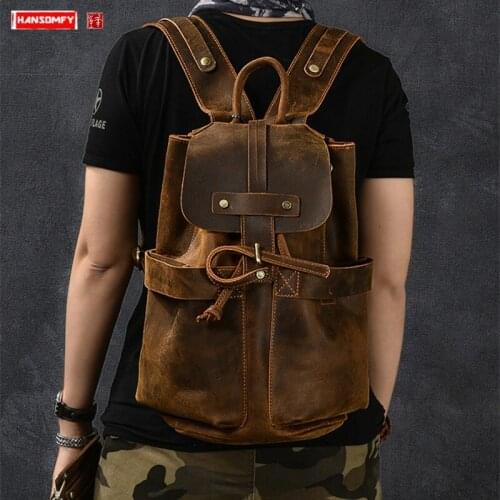 Men Backpack Genuine Leather Mens Travel Backpacks Male Large Capacity Bucket Bags Personalized Model Retro Crazy Horse Leather