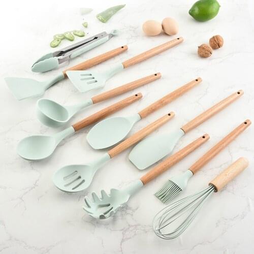 Silicone Kitchenware Set with Wooden Handle 12 Piece Non Stick Spatula and Spoon Kitchenware Set