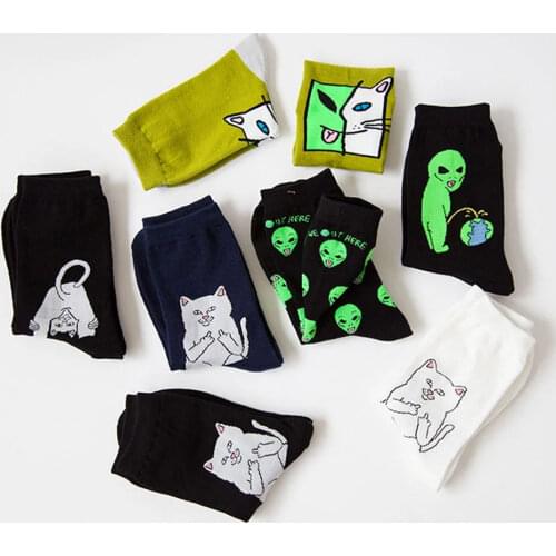 Women Cotton Socks Kawaii Fun Alien Planet Happy Cartoon Cute Cat Socks Design Autumn Winter Home Slippers 1 Pair