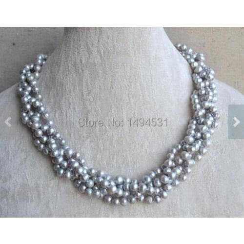 Wholesale Pearl Necklace, 18 Inches 4 Rows 5.5-6.5mm Gray Color Genuine Freshwater Pearl Necklace , Wedding Party Jewelry