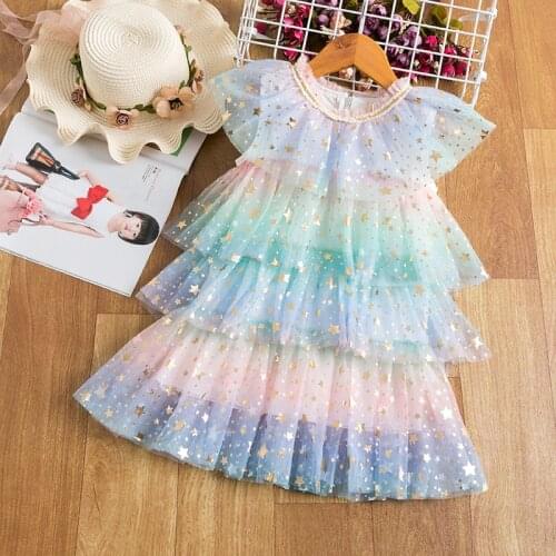 Summer Princess Layered Cake Dress Kids Dresses for Girls Birthday Clothes 3-8 Years Ruffle Sleeves Baby Girl Dresses