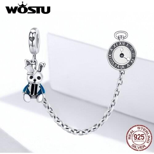 WOSTU Bunny & Clock Safety Chain 925 Sterling Silver Mr. Rabbit Charms Fit Original Bracelet Pendant Fashion Jewelry FIC1443