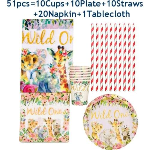 Pink Wild One Birthday Party Jungle Safari Party Forest Decoration Girls Birthday Safari Jungle Party Supplies Cup Plate Straws