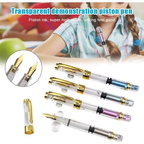 Transparent Piston Fountain Pen Clear Demonstrator Ink Golden Iridium Fine Nib BM88