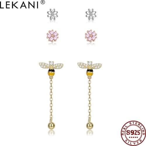 LEKANI 100% 925 Sterling Silver Tassel Cute Bee & Sparkling Flower Earrings Sets For Women Pink CZ Small Stud Earring Jewelry