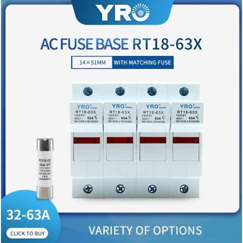 AC 1Sets 4P LED Fuse Base 500V With 14x51MM Fast Blow Ceramic Fuse Core 32A 40A 50A 63A RO16