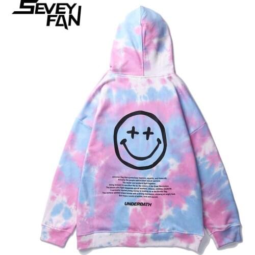 SEVEYFAN Hip Hop Cartoon Smiley Printed Sweatshirt Hoodie Men Fashion Tie Dye Fleece Pullover Hoodies for Couples