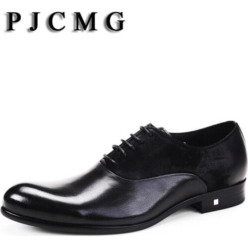 PJCMG Italian High Quality Black/Red Genuine Leather Lace-up Pointed Toe Flats Oxfords Casual Dress Party Wedding Shoes