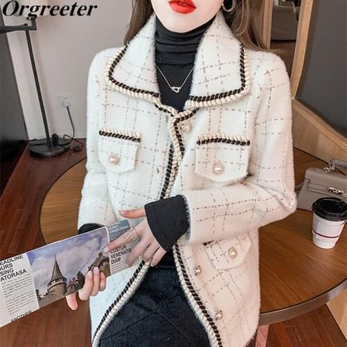 Small fragrance Knitted Womens Jacket Fall 2021 New Soft Mink Velvet Single-breasted Lapel Plaid Sweater Cardigan Loose Outwear