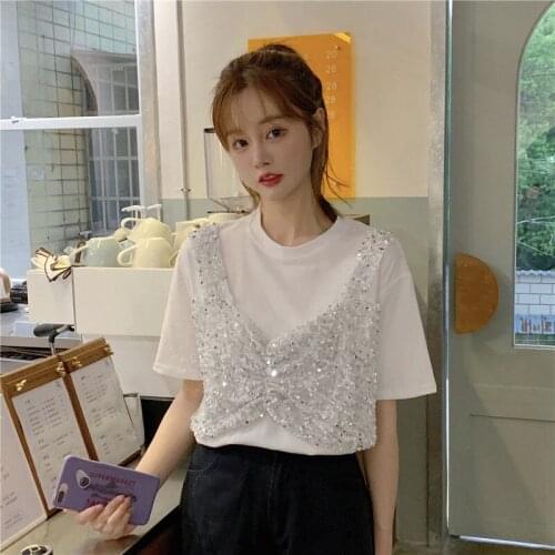 Woman TShirts Crop Top Shiny False Two-Piece Patchwork Sling 2021 Summer Loose Short-Sleeved T-shirt Womens Top Mujer Camisetas