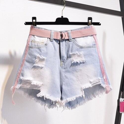 2021 Women Plus Size High Waist Ripped Jeans with Pocket Cute Summer Denim Shorts for Women with Belt Shorts Female Streetwear
