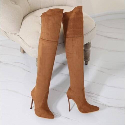 Womens shoes Flock Slip On Thin Heels 12 cm pointed thin high heels over the knee boots womens boots thin legs skinny legs
