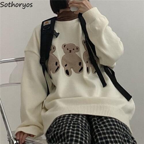 Women Pullover Sweaters Cartoon Patch Design Sweet Lovely Japan Style Fashion Chic Streetwear Jumpers College Students All-match