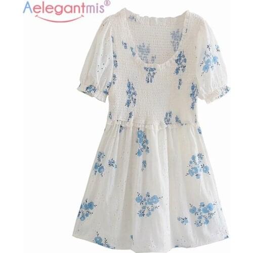 Aelegantmis Fashion Sexy Hollow Puff Sleeve Mini Dress Women Korean Chic Print Dresses A Line Elastic Waist Female Vestidos New