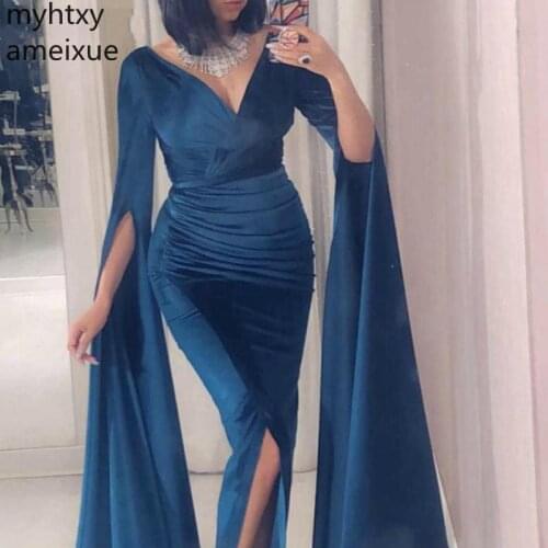 New Velvet Mermaid Event Evening Dress Party 2020 Custom V Neck Vestido De Festa Longo Navy Blue Muslim Dresses Robe De Soiree