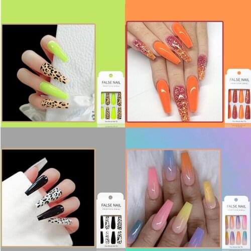 24Pcs/set Long False Nails French Stiletto Shape Full Cover Fake Nails Shimmering Glossy Press On Nails Nail Art Beauty Tools