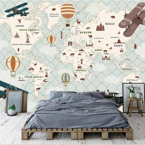 Custom Mural 3D Cartoon Animal Airplane Balloon World Map Photo Wallpaper For Kids Room Boys Bedroom Decoration Wall Painting