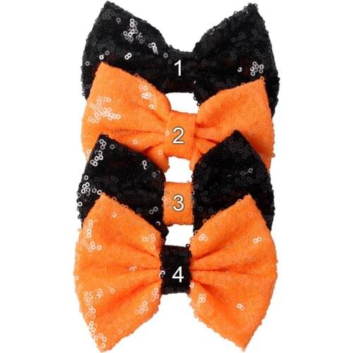 40pcs/lot 5'' Black And Orange Halloween Sequin Bow For Kids 2019 Large Metallic Solid Hair Bow hair accessories