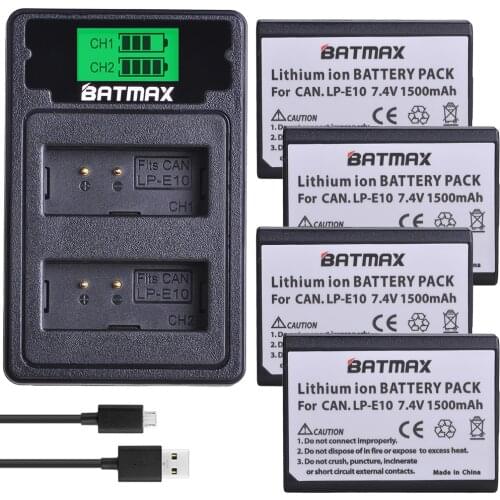 Batmax LP-E10 LP E10 LPE10 Battery+LCD USB Dual Charger with Type C Port for Canon EOS 1100D 1200D 1300D 2000D Rebel T3 T5 T6