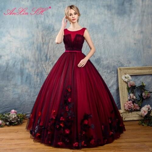 AXJFU illusion wine red lace evening dress fashionable princess flower wine red evening dress princess flower evening dress
