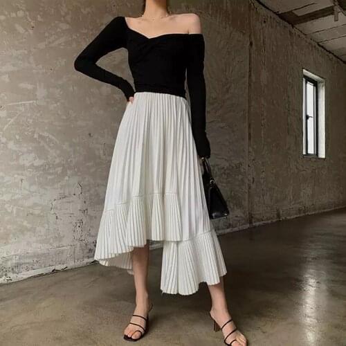 Irregular Women Skirts Solid Pleated Streetwear Asymmetrical High Waist Chiffon Korean Style Fashion Chic Harajuku Simple New