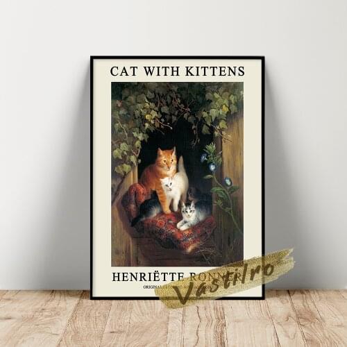Henriette Ronner-Knip Exhibition Poster, Ronner-Knip Cat With Kittens Oil Painting, Cute Cat Wall Art, Vintage Animal Prints Art