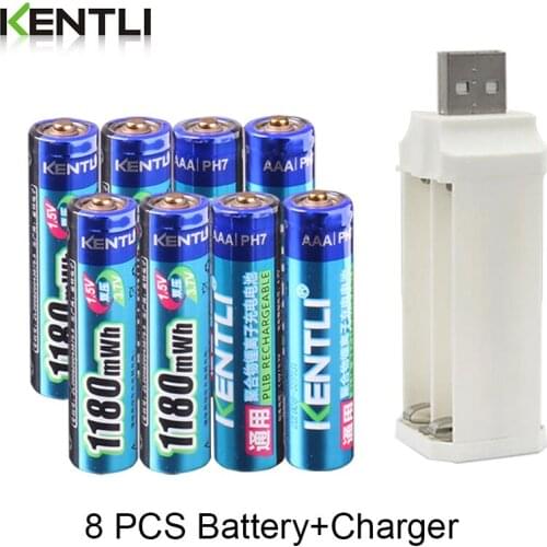 KENTLI 8pcs 1.5v 1180mWh aaa r Lithium Rechargeable Batteries + 4 Slots Charger for Clock Remote Controller Toys Electronic