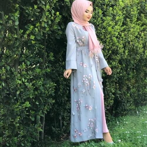 Summer Girls Long Sleeve Open Front Abaya Dubai Turkey Muslim Hijab Maxi Kimono Dress With Flower Appliques Women Clothing 2020
