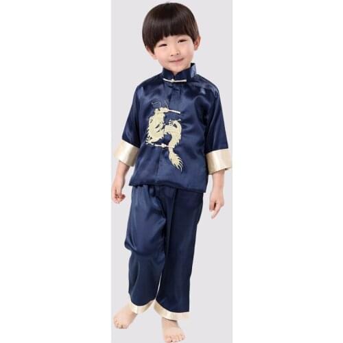 Lovely Kids Long Sleeve Embroider Dragon Suit Chinese Style Boys Kung Fu Sets Jacket+Pants Dramaturgic Costume YZT082505