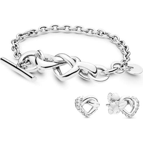2021 New High Quality 100% 925 Original Knotted Bracelet, Heart Interwoven Earring Set, Suitable For Birthday Gifts