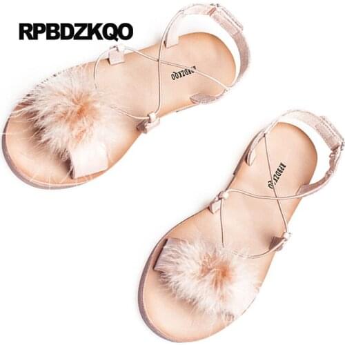 Open Toe Shoes Kawaii Pink Strappy Gladiator Fur Plus Size 2018 Ladies Fluffy Women Sandals Flat Summer Roman Cute Slingback