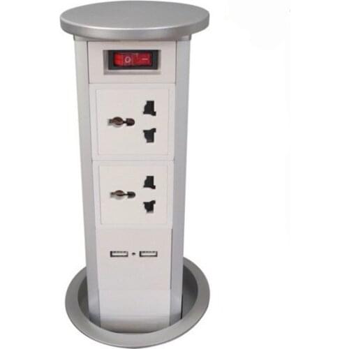 Pneumatic Drive Hidden Pop up Desktop Kitchen Socket with 2 Universal Power outlets +2 USB Charger Ports +1 on-off Switch