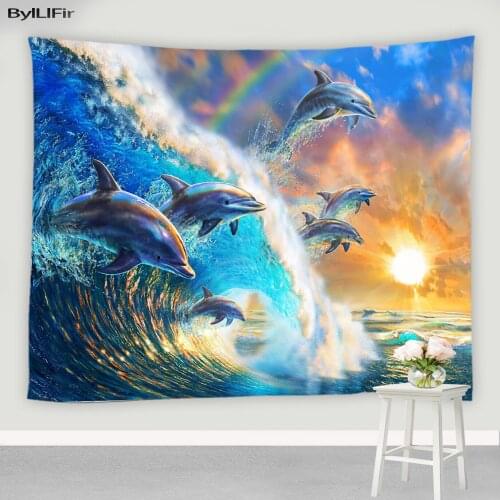 Psychedelic Starry Sky Dolphin Tapestry Rainbow Marine Animal Print Wall Hanging Bedroom Hippie Art Mural Home Decor Tapestries
