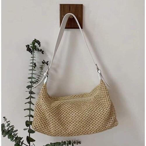 Straw Weave Baguettte Women Handbags Solid Striped Summer Casual Fashion Daily Shopping Tote Large-Capacity Woman Shoulder Bag