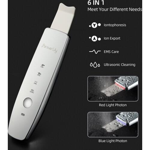 6In 1 Ultrasonic Skin Scrubber Facial Cleaner Red Blue Light Photon Ion Acne Blackhead Remover Peeling Shovel Cleaner Face Lift