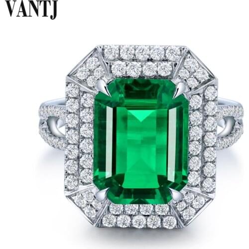 VANTJ Real 10K Gold Rings Sterling Lab Grown Emerald 3.4ct Moissanite Created Gemstone Oct 9*11mm for Women Party Wedding Gift