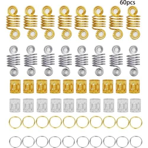 60 Pieces Alloy Hair Coil Dreadlocks Braid Rings Metal Cuffs Gold Silver Twisted Spring for Hair Jewelry Decoration Accessories