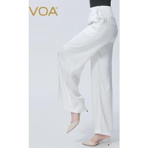 VOA Silk Double-sided Satin Natural Waist Invisible Side Pull Diagonal Pocket Fold Soft Waxy Skin-friendly Wide-leg Pants KE556