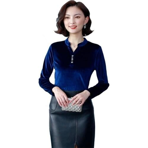 2020 Fall Women Velve V-Neck Solid Color Keep Warm Shirt