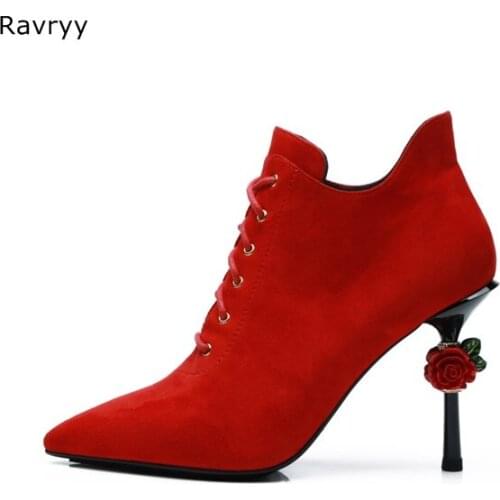 Womans Boots Rose Decor Thin Heel Woman short Boots Red Suede Pointed Toe Thin Heel Female Shoes 2018 Autumn Winter Fashion