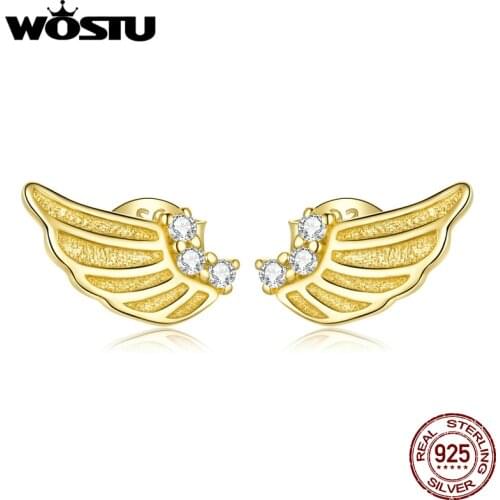 WOSTU 925 Sterling Silver Shining Golden Wing Zircon Stud Earrings For Women Wedding Fashion Anniversary Jewelry CTE524