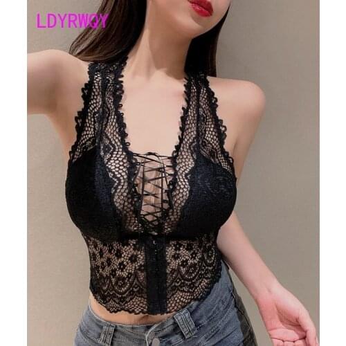 LDYRWQY 2021 spring new front lace hollow lace camisole short top women Polyester WOMEN