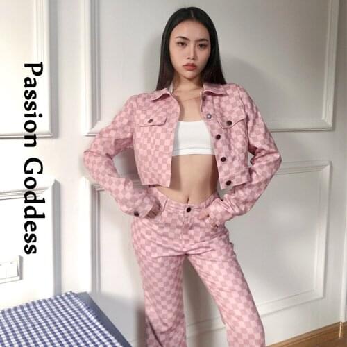Casual Women Pink Checkerboard 2 Piece Sets Loose Tracksuits Single-breasted Jackets High Waist Flare Pants Two Piece Outfits