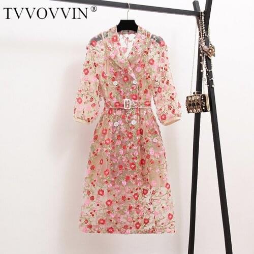 Vintage Gauze Flower Embroidery Overlay Trench Women Double-breasted Notched Lantern Sleeve Belt Mesh Long Coat Outerwear L395