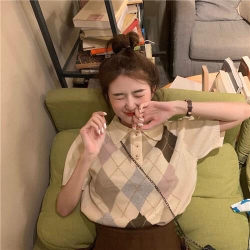 Retro Y2K Argyle Knitted Pullovers Women Summer 2021 Fashion Preppy Style Polo Neck Loose Single Breasted Short Sleeve Crop Top