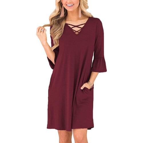Solid office lady dress women mini dress Elegant v neck three quarter sleeve autumn dresses 2020 beach robe femme short dress