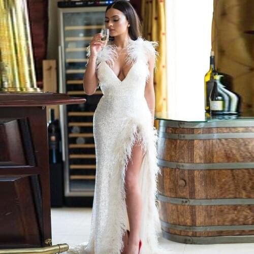 Feathers Sequined Mermaid Prom Dresses With Deep V Neck Side Split Evening Dress Sexy Sheer Back Women Party Gowns For Women