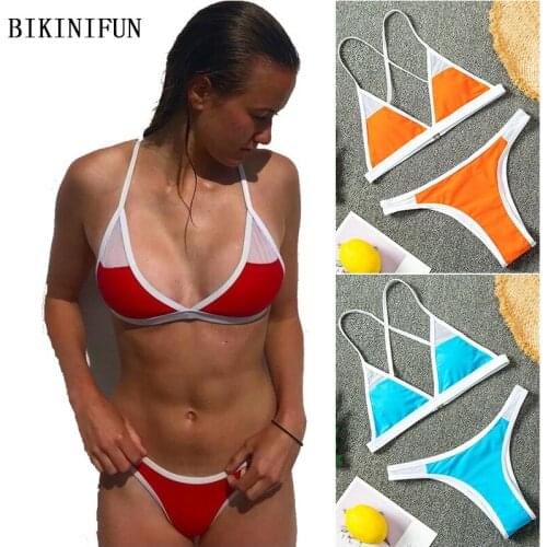 2020 New Sexy Triangle Bralette Swimsuit Women Solid Color Swimwear Mesh Patchwork Beachwear S-XL Girl Low Waist Mini Bikini Set