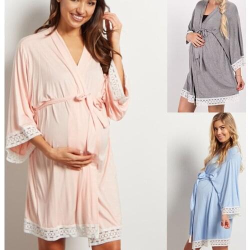 2021 Maternity Nightwear Robe Trim Half Sleeve Nightgown Sleepwear Breastfeeding Pajamas Labor Delivery Sleepshirts Nursing